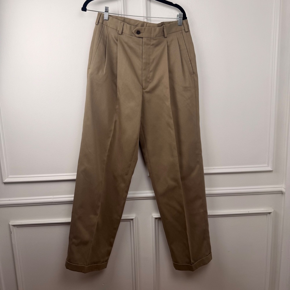 TravelSmith Mens Pleated Chinos Khaki Pima Cotton Blend Cuffed Pants Size 32 USA